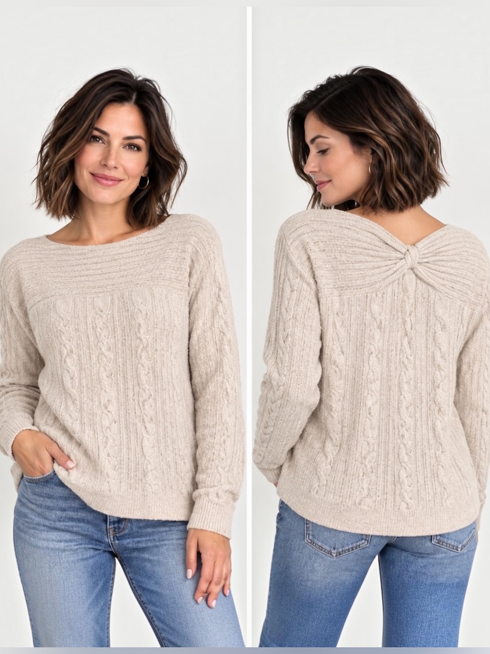 Barefoot Dreams CozyChic Lite Knot Back Rib Cable Pullover Beige SM